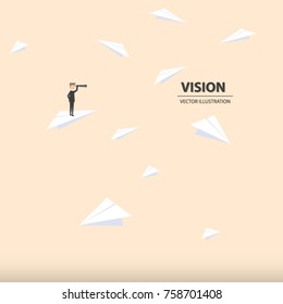 Businessman with monocular on a paper rocket. Business concept of leadership, vision, mission or ambitions. Vector illustration.