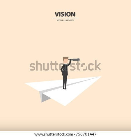 Businessman with monocular on a paper rocket. Business concept of leadership, vision, mission or ambitions. Vector illustration.
