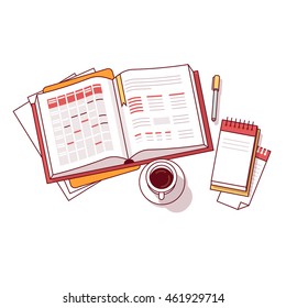 Businessman morning day schedule big notebook with appointment calendar and task lists accompanied by small memo notepad, pen and coffee cup. Flat style thin line vector illustration isolated on white