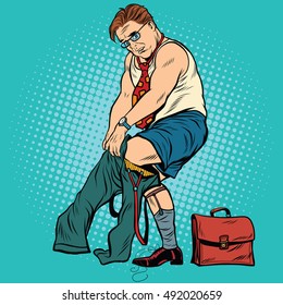 businessman in the morning, putting on pants, vector illustration. Morning, the businessman going to work