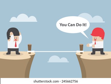 Businessman motivate his friend to cross the cliff by saying "You Can Do It", VECTOR, EPS10