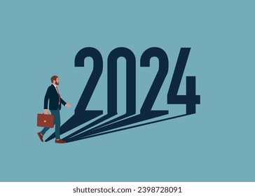 Businessman motivated for success with shadow of 2024 New Year. Leadership and superpower challenge.  Flat vector illustration