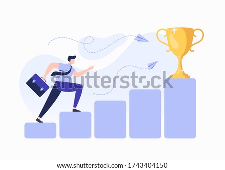 Businessman with motivation runs to his goal. Moves up steps to the target's achievement. Eps10 vector.