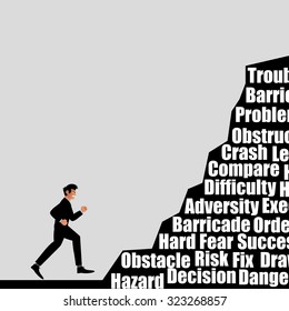 Businessman And Mountain Of Trouble With Obstacle. Vector Illustration