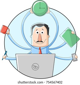 Businessman with moustache multitasking with background