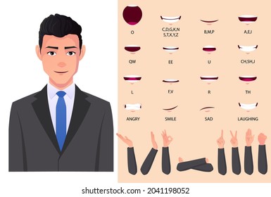 Businessman Mouth Animation Set And Lip Sync With Caucasian Man In Grey Suit Premium Vector