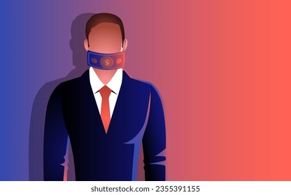 Businessman mouth covered by a money bills, symbolizing the bribery and ethical dilemmas. Depiction of financial gains, moral integrity, business ethics, and corruption