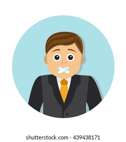 Businessman with mouth sealed want to say something
