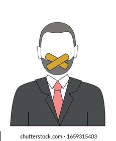 businessman with mouth shut. prohibition to speak. vector illustration.