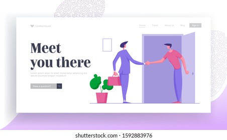 Businessman Move in Apartment Website Landing Page. Business Man Shaking Hand to Home Owner after Rent or Buying Real Estate. Welcoming in New Home Web Page Banner. Cartoon Flat Vector Illustration