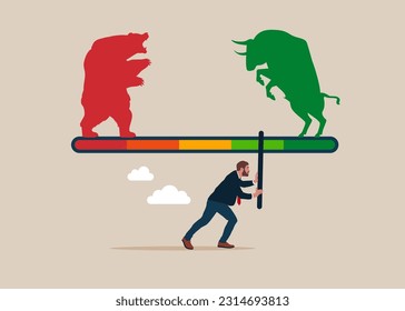 Businessman moves an arrow on measuring scale. Bear and Bull fighting. Good credit score. Flat vector illustration