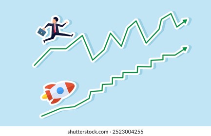 Un hombre de negocios se mueve en un gráfico fluctuante mientras un cohete se eleva en un gráfico relativamente plano, ilustrando el contraste entre los negocios tradicionales y las empresas emergentes.