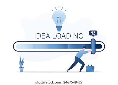 Businessman moves slider on measuring scale. Brainstorming,  pitching ideas. Entrepreneur developing a new project, ideas for making money, uploading profitable ideas. Flat vector illustration