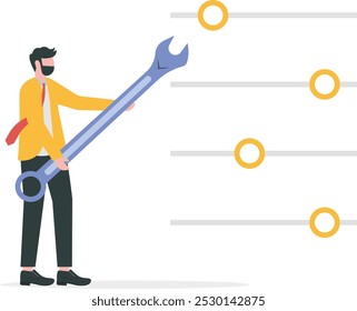 El hombre de negocios mueve los deslizadores y cambia las Configuraciones, configurando las preferencias del sistema, elemento de interfaz de control del Filtrar sintonizador con los deslizadores o los controles del Filtrar, concepto de configuración de calidad

