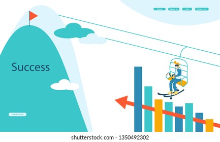 Businessman moves to success, stylized as a skier rises on a lift in the mountains in cloud sky. Vector flat colorful illustration for your presentation card, poster, banner, landing page site. 