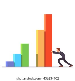 Businessman moving colorful bar graph columns achieving business sales growth. Flat style vector illustration clipart.