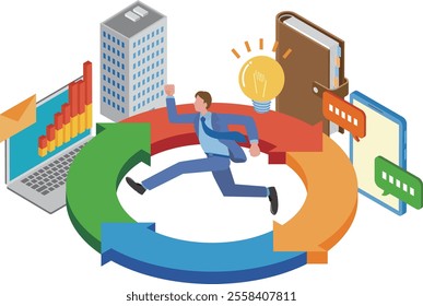 A businessman moving forward through trial and error