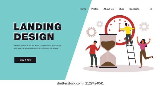 Businessman moving hands of clock, meeting deadline. Team of tiny efficient business people working flat vector illustration. Time management concept for banner, website design or landing web page