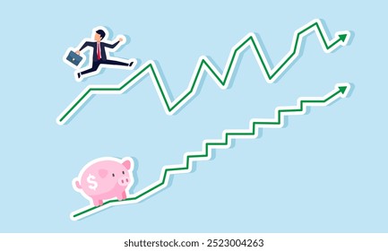 Un hombre de negocios moviéndose en un gráfico fluctuante mientras una hucha se mueve en un gráfico relativamente plano, ilustrando la diferencia en la dinámica de negocios e inversión