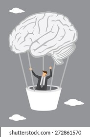 Businessman moving up the sky in hot air balloon in the shape of human brain. Creative vector illustration for business and intelligence concept.