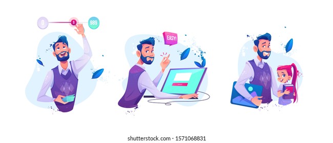 Businessman moving slider switch button for adjustable price or budget money limits. Man sitting at laptop snapping fingers make easy online order, teacher and schoolgirl. Cartoon vector illustration