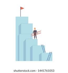 Businessman Moving Up Stairway to the Top of Mountain, Business and Career Development Vector Illustration