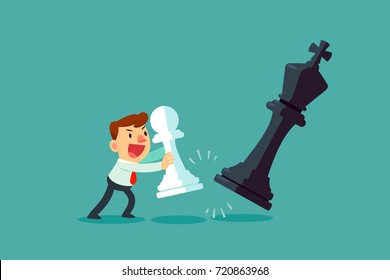 Businessman moving white chess pawn against black king chess piece. Business plan and strategy concept.