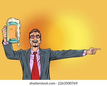 businessman with a mug of beer the man points to the side. Bar pub restaurant oktoberfest. pop art retro comic caricature kitsch vintage 50s 60s style