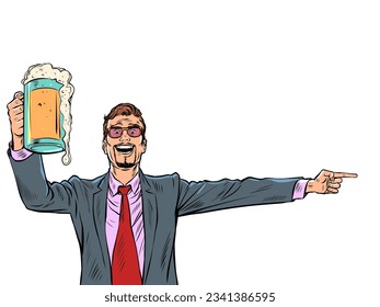 businessman with a mug of beer the man points to the side. Bar pub restaurant oktoberfest. pop art retro comic caricature kitsch vintage 50s 60s style