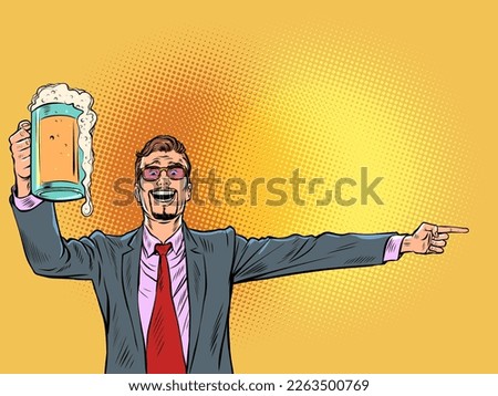 businessman with a mug of beer the man points to the side. Bar pub restaurant oktoberfest. pop art retro comic caricature kitsch vintage 50s 60s style