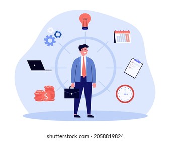 Businessman with multi skills planning work task. Man organizing workflow flat vector illustration. Time management, business productivity concept for banner, website design or landing web page