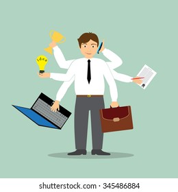 Businessman with multi tasking and multi skill