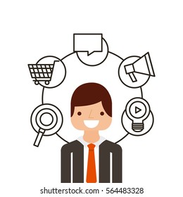 businessman with multimedia icons around him over white background. colorful design. vector illustration