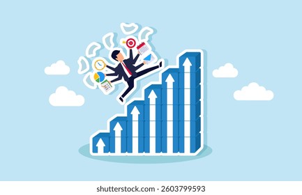 A businessman with multiple hands, each holding a work icon, runs up a graph made of stacked boxes, illustration of multitasking ability in supporting business career growth