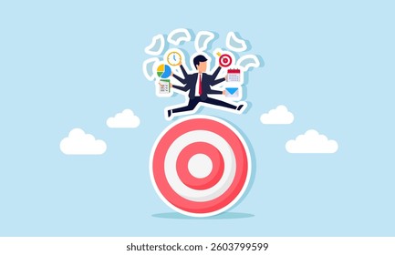 A businessman with multiple hands, each holding a work icon, runs around a target board, illustration of multitasking ability in achieving business targets