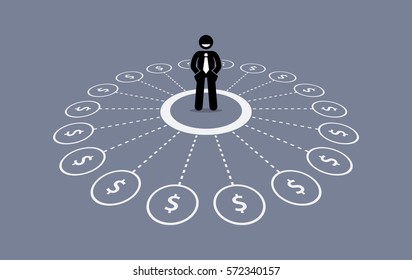 Businessman with multiple source of financial income. Vector artwork depicts wealth, making money, and steady business.