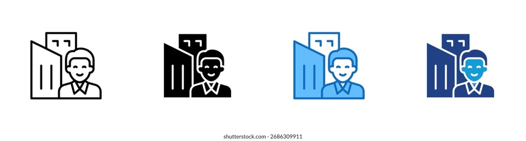 Businessman Multiple Style Icon Design Vector - Person in front of buildings, representing entrepreneur, corporate worker, or business professional