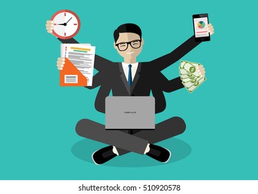 Businessman with multitasking lots of arms doing various office tasks.  Keep calm. Business concept Flat design