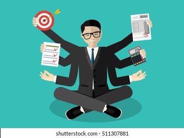 Businessman with multitasking lots of arms doing various office tasks. Keep calm. Business concept Flat design