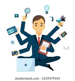 Businessman with multitasking and multi skill. Keep calm. Business concept. Flat style