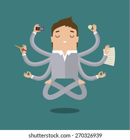 Businessman with multitasking and multi skill. Keep calm. Business concept. Flat design
