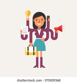 Businessman with Multitasking Skill. Business Concept. Flat Style Vector Illustration. Female Cartoon Character