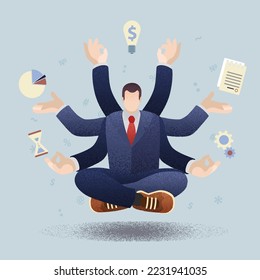 Businessman with multitasking skills. Man in suit with many arms working on different tasks at the same time. Time management and self improvement. Flat design, vector particles, grain effect	