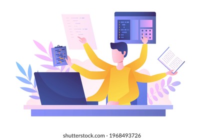 Businessman with multitasking skills sitting at his laptop and working. Freelancer or office worker. Multitasking, productivity, time management concept. Flat cartoon vector illustration