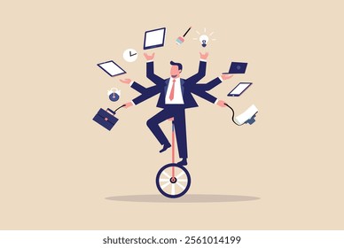 "Businessman multitasking while balancing on a unicycle, symbolizing efficiency,
 productivity, and time management. Concept of juggling tasks in a dynamic work environment."