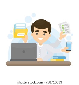 Businessman multitasking at work place. Six hands.