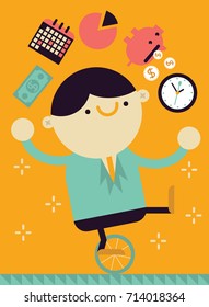 Businessman Multitasks a lot of Icons on his unicycle