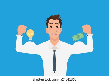 Businessman muscle arm with money. Smiling businessman show strength.