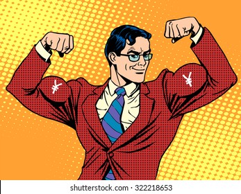 Businessman with muscles currency yen pop art retro style