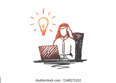 Businessman, muslim, arab, islam, idea, brainstorming concept. Hand drawn muslim businessman working with laptop concept sketch. Isolated vector illustration.